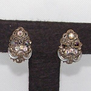 VTG- Germany Clip on Earrings, Silver Tone, Faceted Rhinestones